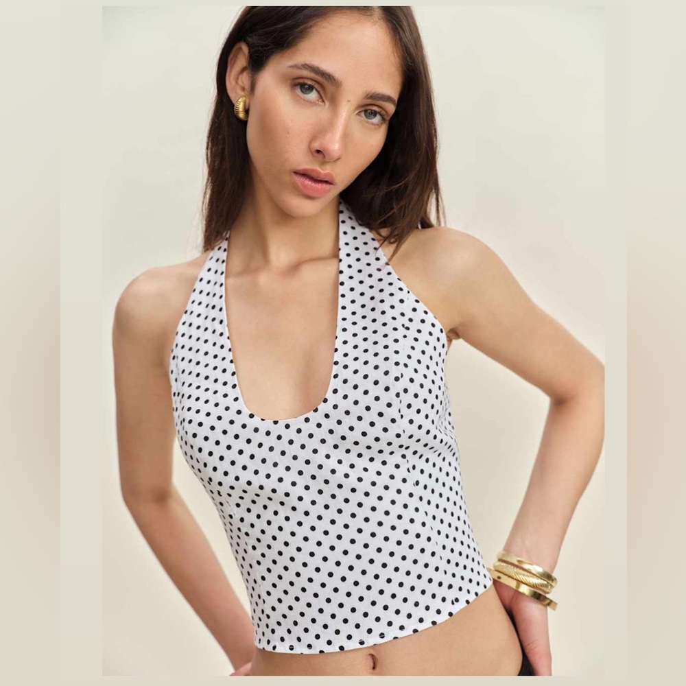 Reformation Sasha Linen Polka Dot Top